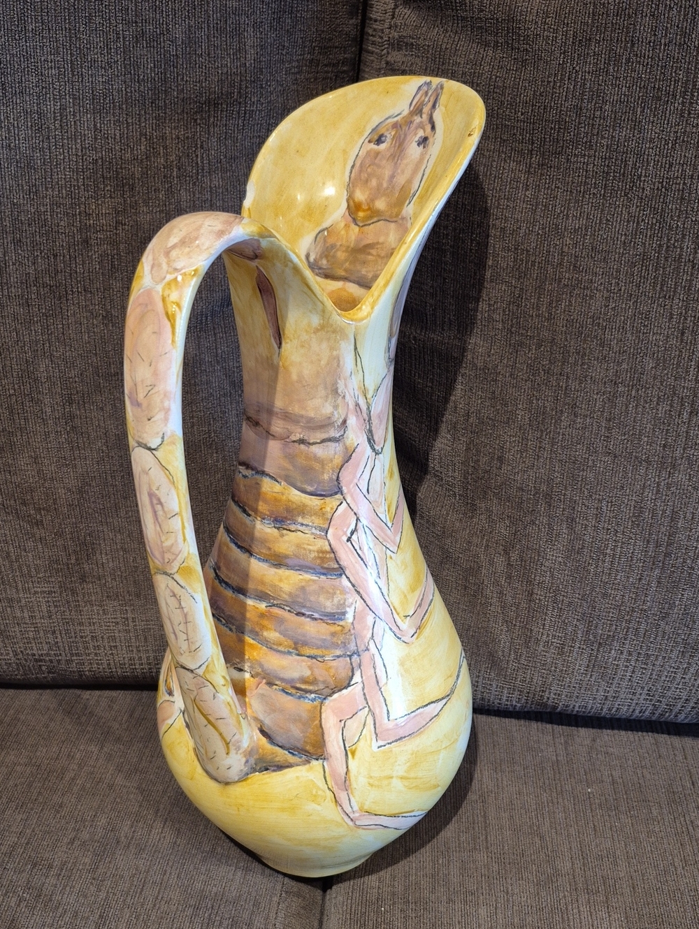 Unique Hand-Painted Yellow Ceramic Pitcher Vase with Earwig Design